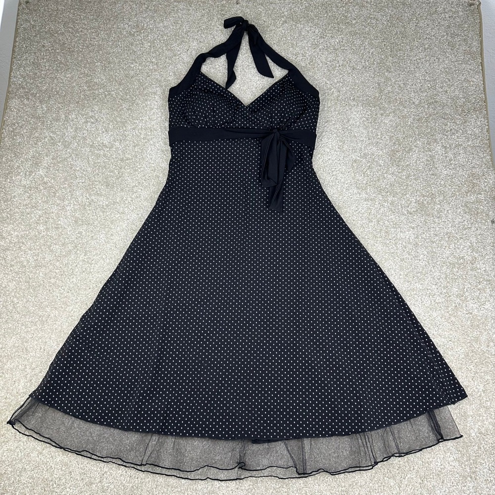 Studio Y Black Polka Dot Halter Swing Dress Rockabilly Pinup Tulle Trim Size L